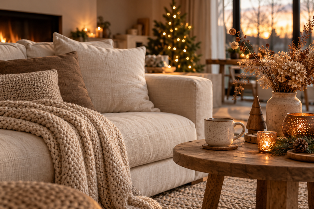 Warme woonkamer met kerstboom, kaarsen en een gebreide plaid